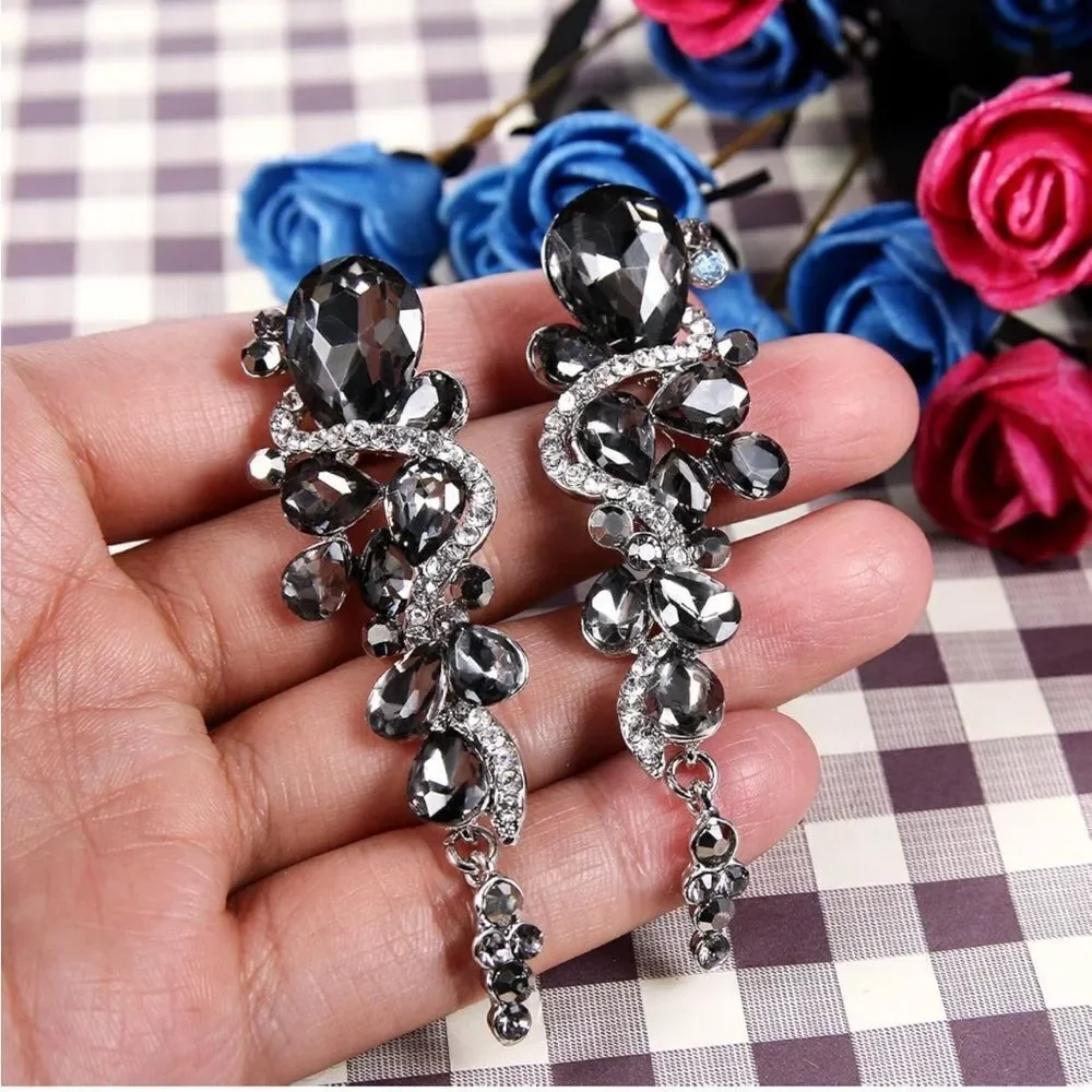 Silver Charcoal Gray and Diamond Austrian Crystal Chandelier Clip On Earrings